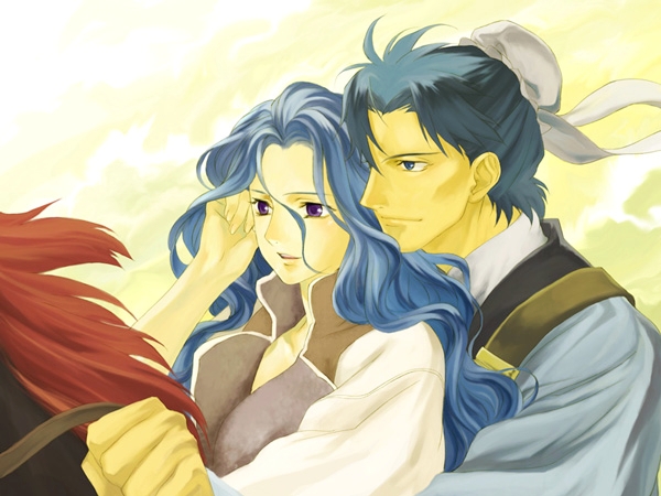 sakaki kuuya, kantai (juuni kokuki), shoukei, shoukei (juuni kokuki), juuni kokuki, 1boy, 1girl, blue eyes, blue hair, chinese clothes, hanfu