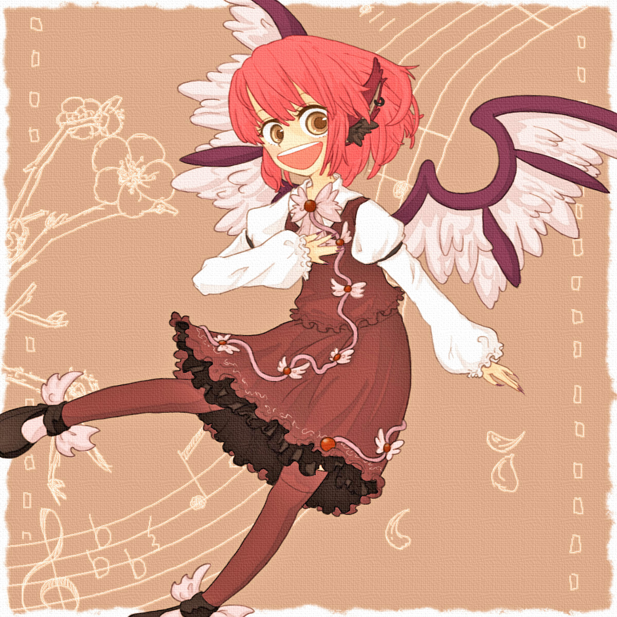 suiyou taruta, suiyoubi, mystia lorelei, touhou, highres, 1girl, animal ears, female focus, musical note, open mouth, pink hair, short hair, solo, thighhighs, wings, yellow eyes