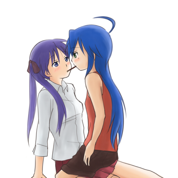 beni shouga, hiiragi kagami, izumi konata, lucky star, bad id, bad pixiv id, 00s, 2girls, ahoge, blue eyes, blue hair, blush, bow, eye contact, female focus, food, green eyes, hair bow, hair ornament, hair ribbon, kiss, long hair, looking at another, miniskirt, mole, mole under eye, multiple girls, pleated skirt, pocky, pocky kiss, purple hair, ribbon, shared food, shorts, simple background, sitting, sitting on person, skirt, straddling, tsurime, twintails, white background, yuri