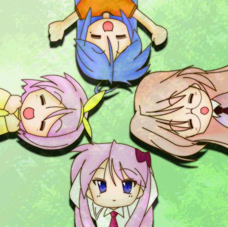 hiiragi kagami, hiiragi tsukasa, izumi konata, takara miyuki, lucky star, lowres, 00s, 4girls, :3, = =, ahoge, blue eyes, blue hair, circle formation, glasses, hair ribbon, long hair, mole, mole under eye, multiple girls, necktie, pink hair, purple hair, ribbon, short hair, siblings, sisters, twins