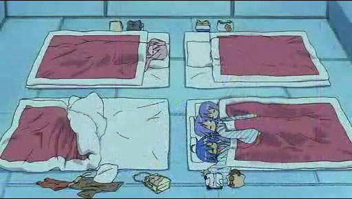 hiiragi kagami, hiiragi tsukasa, izumi konata, takara miyuki, lucky star, anime screenshot, jpeg artifacts, third-party edit, 00s, 4girls, bed, blue hair, closed eyes, long hair, lying, multiple girls, pajamas, pillow, pink hair, purple hair, short hair, siblings, sisters, sleeping, twins