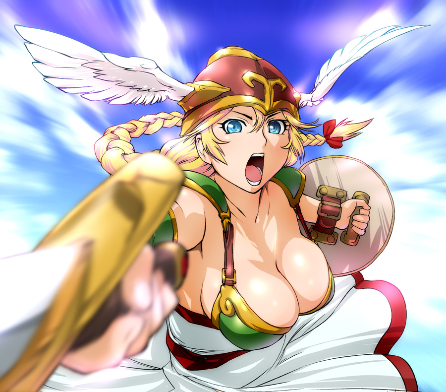ueyama michirou, valkyrie (vnd), valkyrie no densetsu, 1girl, armor, armored dress, blonde hair, blue eyes, braid, breasts, cleavage, dress, female focus, foreshortening, green armor, helmet, large breasts, open mouth, shield, solo, sword, weapon, winged helmet