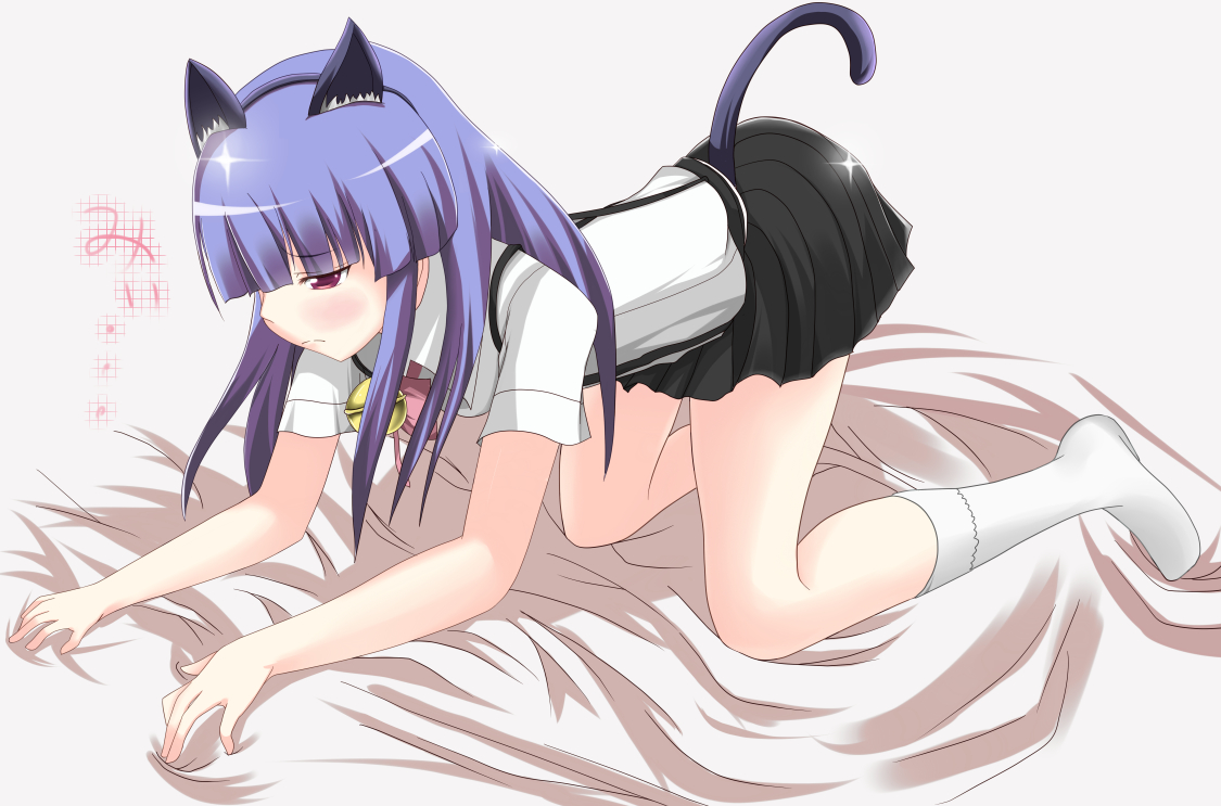 ndrdn, furude rika, higurashi no naku koro ni, 00s, 1girl, all fours, animal ears, bed, bed sheet, bell, blue hair, blunt bangs, blush, cat ears, cat tail, female focus, hair ornament, hairband, hime cut, long hair, miniskirt, pleated skirt, purple hair, red eyes, sad, school uniform, skirt, socks, solo, suspender skirt, suspenders, tail