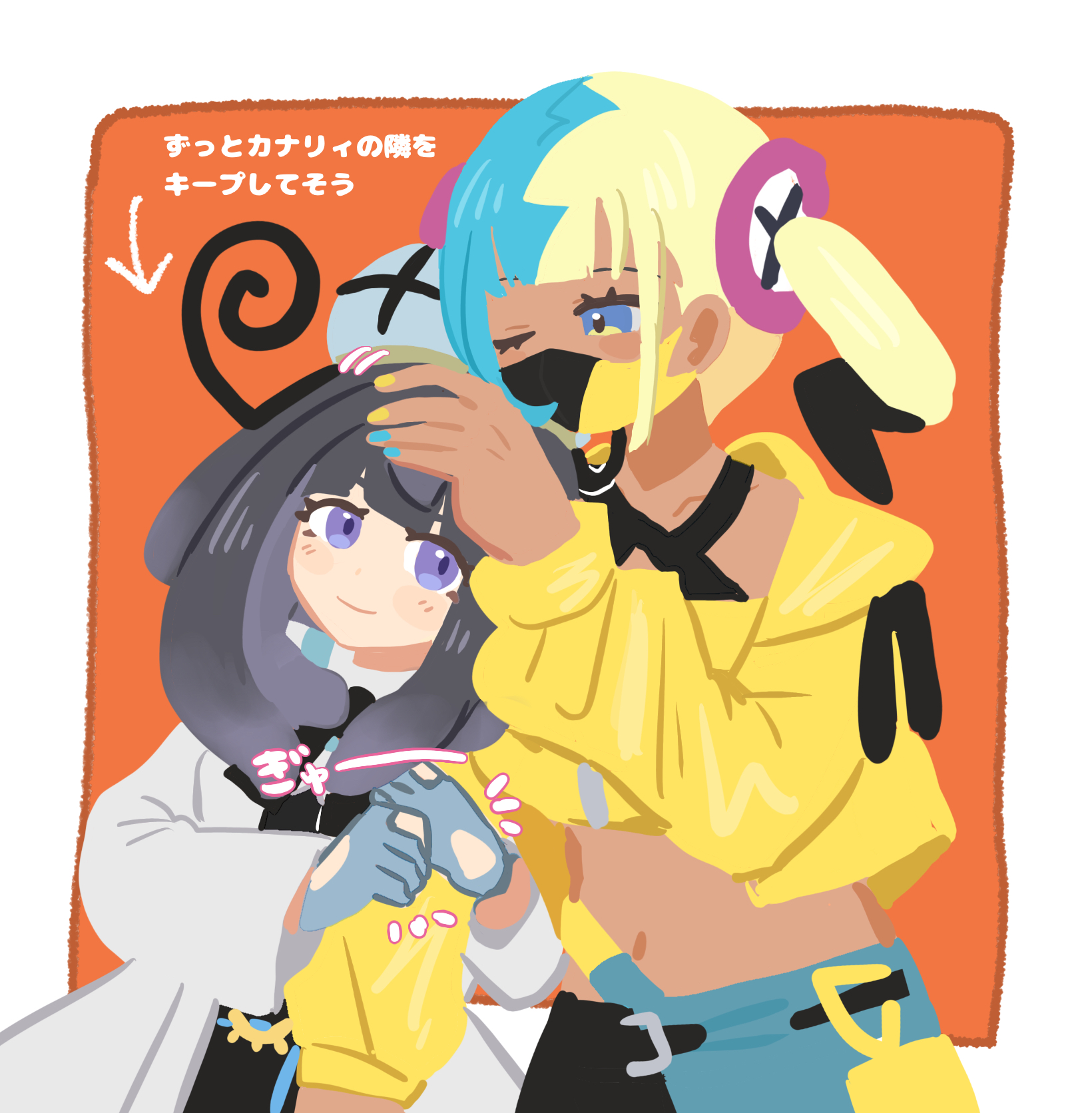 han0579, canari (pokemon), gwynn (pokemon), nintendo, pokemon, pokemon legends: z-a, bad id, bad pixiv id, highres, 2girls, arm hug, black dress, blue gloves, closed mouth, coat, crop top, cropped jacket, dark-skinned female, dark skin, dress, gloves, hand on another's head, hat, jacket, looking at another, mask, mouth mask, multicolored hair, multiple girls, navel, one eye closed, open clothes, open coat, partially fingerless gloves, purple eyes, purple hair, smile, split-color hair, two-tone hair, upper body, white coat, yellow jacket, yuri