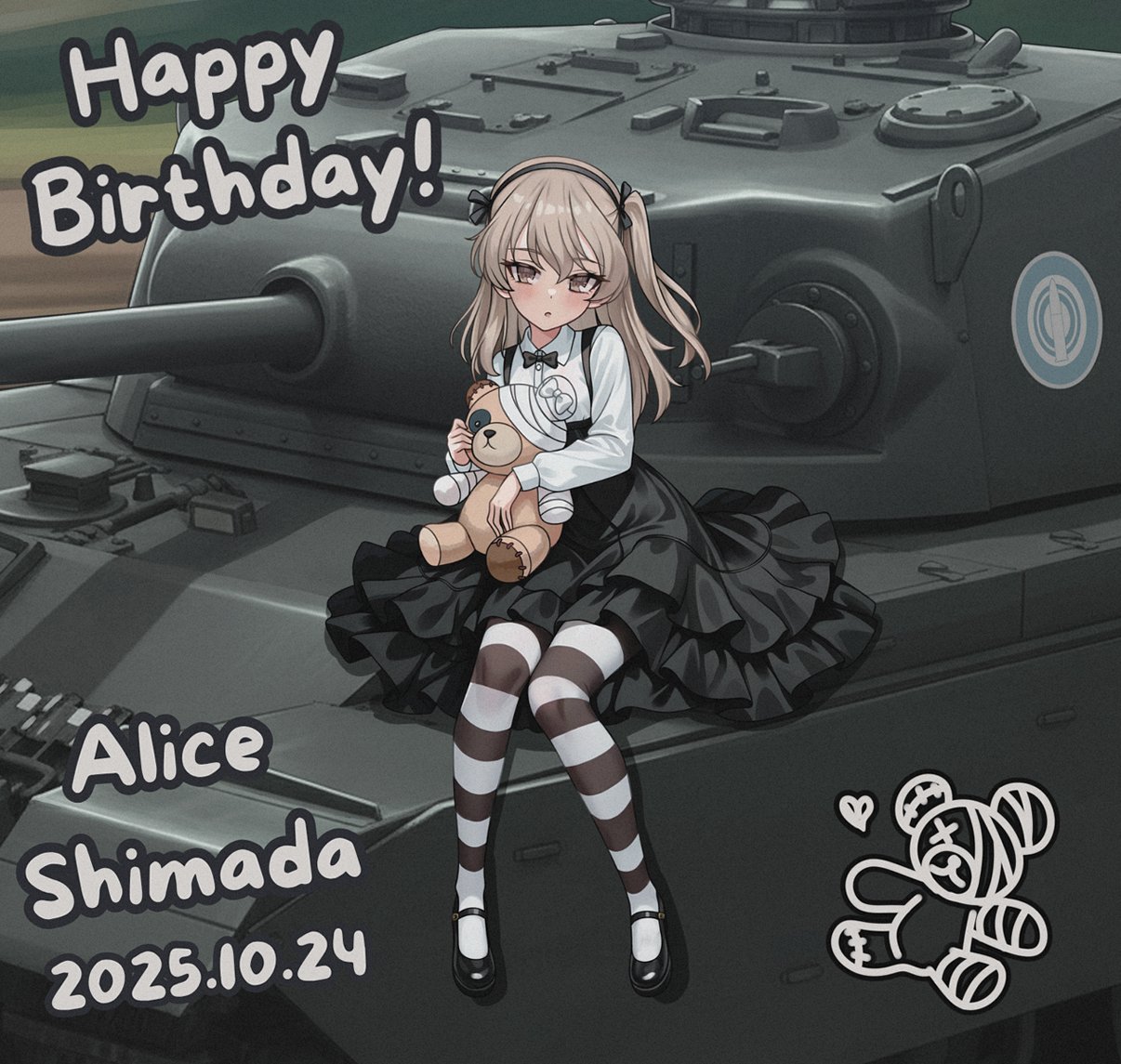 aadka5, centurion (tank), shimada arisu, girls und panzer, commentary, english commentary, 1girl, black bow, black bowtie, black ribbon, black shoes, black skirt, black thighhighs, bow, bowtie, brown eyes, brown hair, character name, frilled skirt, frills, full body, hair ribbon, happy birthday, high-waist skirt, long hair, long skirt, long sleeves, looking at viewer, mary janes, military vehicle, motor vehicle, one side up, outdoors, ribbon, shirt, shoes, sitting, skirt, solo, striped clothes, striped thighhighs, stuffed animal, stuffed toy, suspender skirt, suspenders, tank, teddy bear, thighhighs, white thighhighs, wing collar
