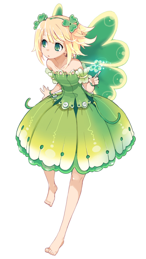armcho, original, 1girl, bare shoulders, barefoot, blonde hair, bubble skirt, child, clover, clover hair ornament, dress, fairy, feet, female focus, flat chest, full body, green eyes, green theme, hair ornament, hairband, holding, short hair, simple background, skirt, solo, standing, strapless, strapless dress, white background, wings