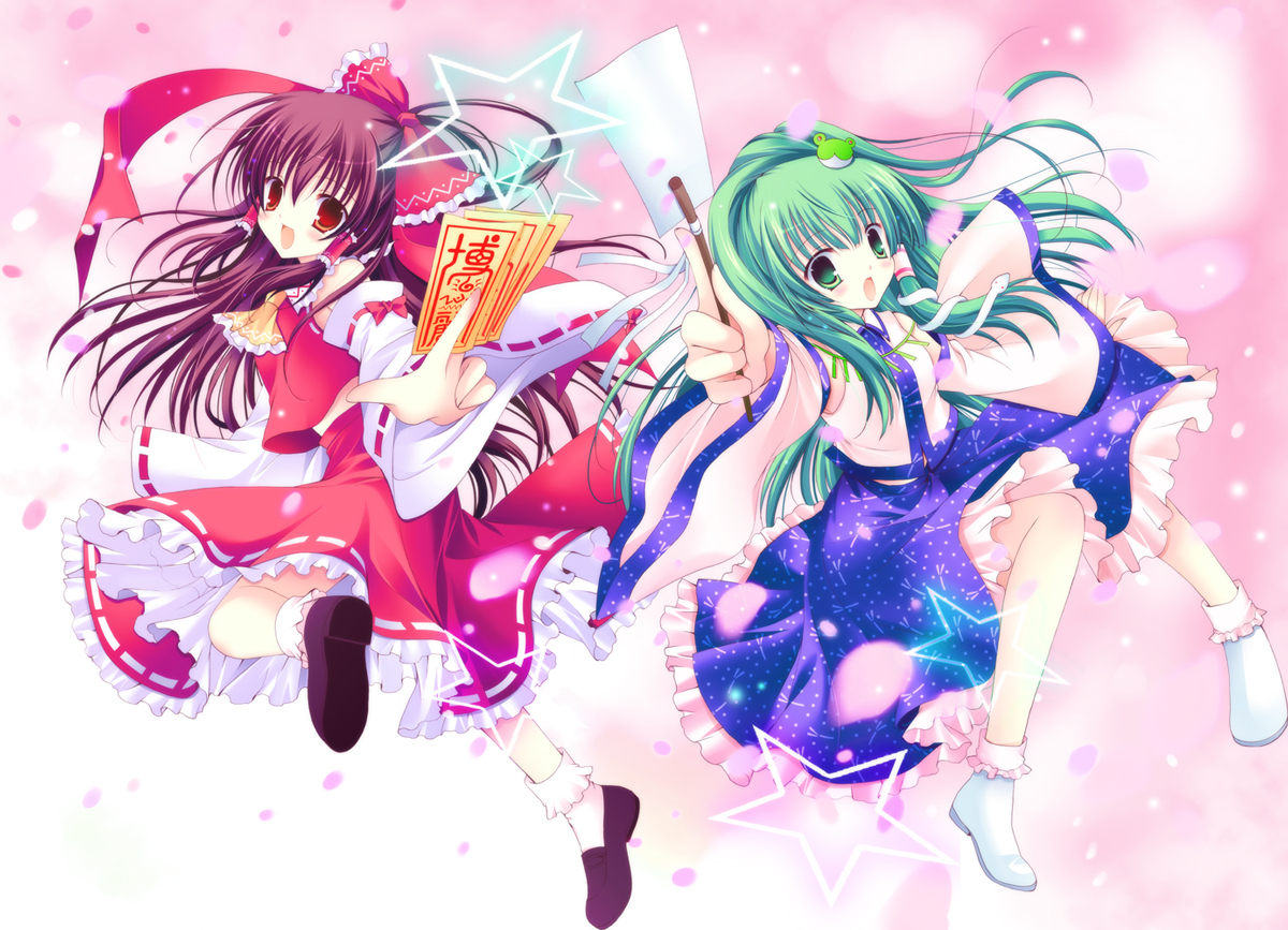 shirogane hina, hakurei reimu, kochiya sanae, touhou, 2girls, brown hair, detached sleeves, female focus, frog, full body, gradient background, green hair, japanese clothes, miko, multiple girls, ribbon, skirt, snake, white background