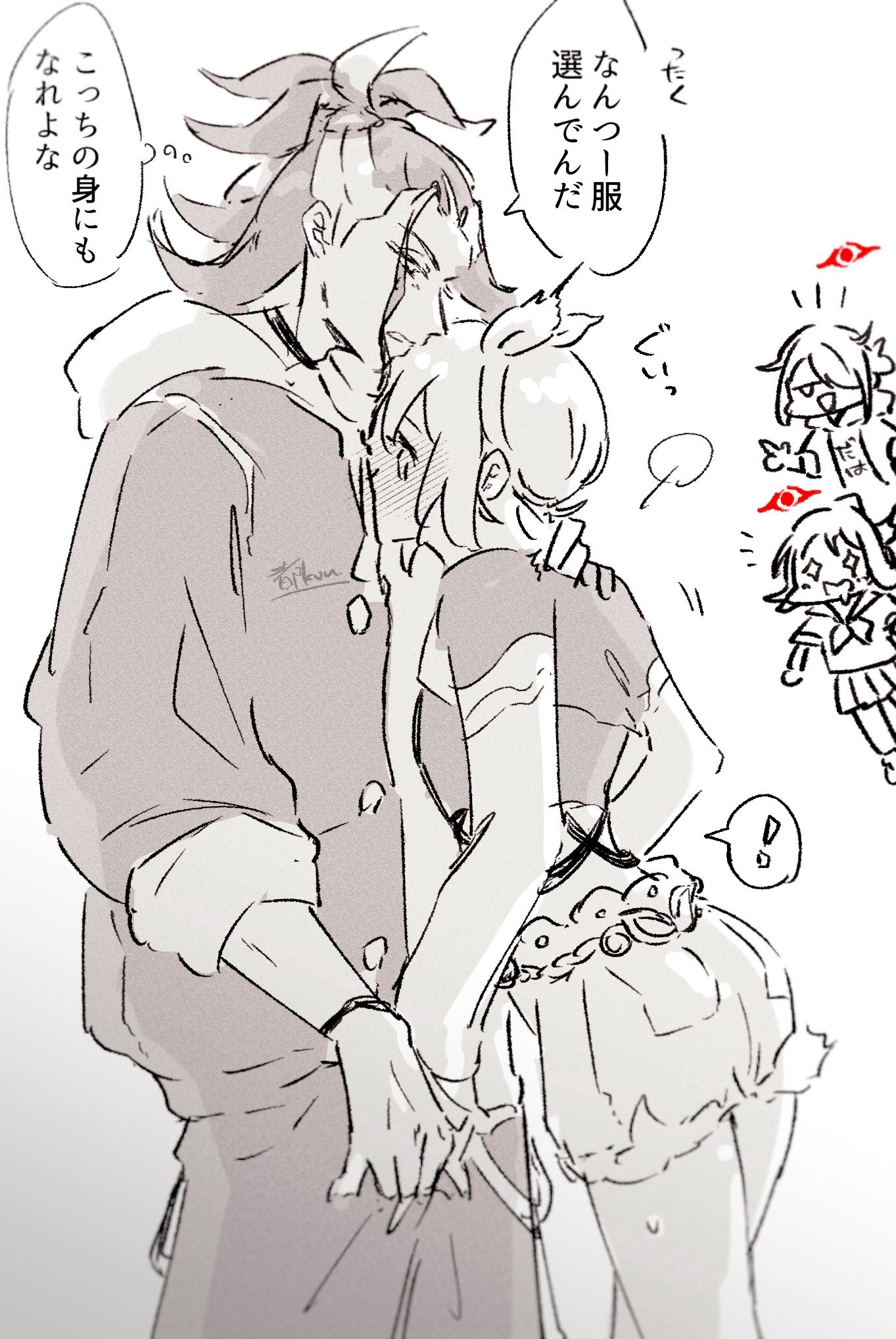 metro-oxo, adaman (pokemon), adaman (special costume) (pokemon), akari (pokemon), irida (pokemon), irida (special costume) (pokemon), volo (pokemon), nintendo, pokemon, pokemon legends: arceus, pokemon masters ex, highres, translation request, !, + +, 2boys, 2girls, blush, denim, denim shorts, head on chest, hetero, looking at another, multiple boys, multiple girls, official alternate costume, peeking out, short hair, shorts, signature, spot color