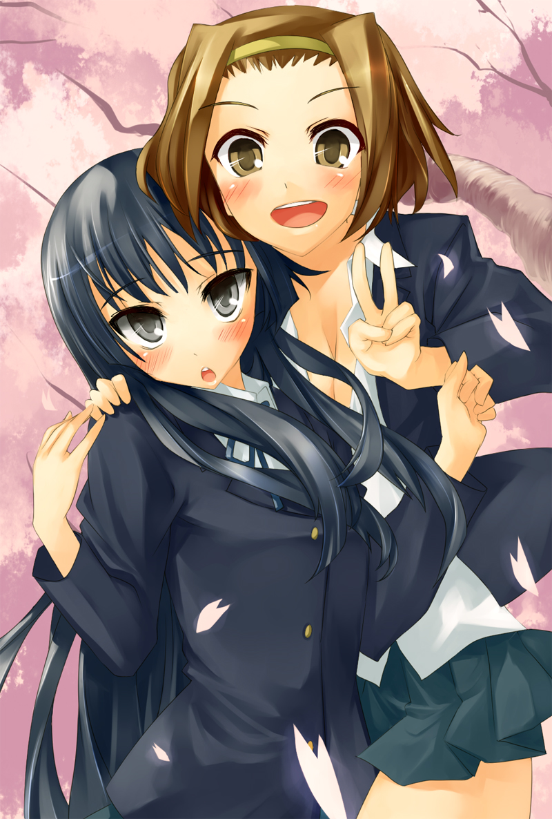 pino (birthdayparty), pino (pixiv), akiyama mio, tainaka ritsu, k-on!, 00s, 2girls, blush, breasts, cleavage, formal clothes, miniskirt, multiple girls, open mouth, school uniform, skirt