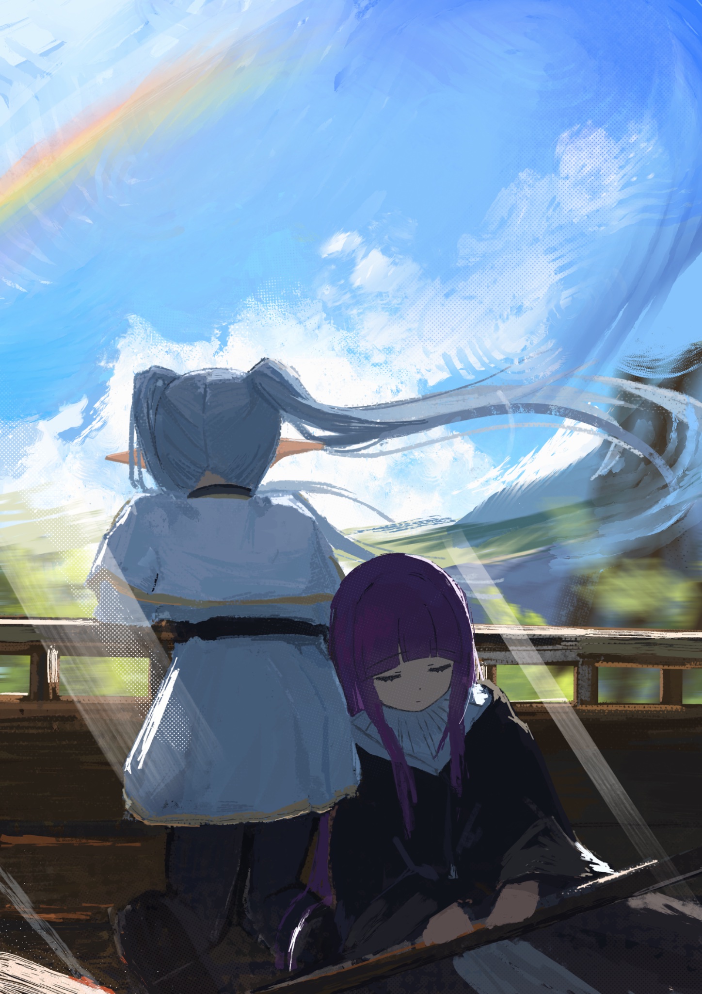 koukouya, fern (sousou no frieren), frieren, sousou no frieren, commentary request, highres, 2girls, black coat, black pantyhose, blue sky, blunt bangs, capelet, closed mouth, coat, day, dot nose, elf, floating hair, grey hair, kneeling, light rays, long hair, mage staff, multiple girls, outdoors, pantyhose, pointy ears, purple hair, riding, sitting, skirt, sky, sleeping, sleeping upright, staff, sunbeam, sunlight, twintails, white capelet, white skirt