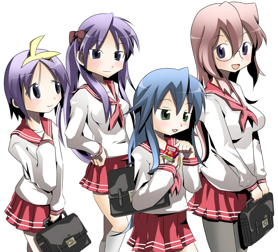 hiiragi kagami, hiiragi tsukasa, izumi konata, takara miyuki, lucky star, 00s, 4girls, bag, blue eyes, blue hair, green eyes, long hair, multiple girls, pantyhose, pink hair, purple hair, ribbon, school bag, school uniform, serafuku, short hair, siblings, sisters, twins, twintails