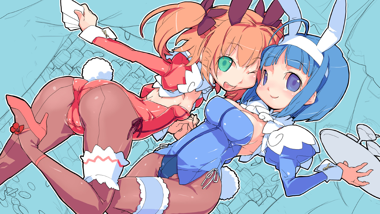 najimi shin, kannazuki aoi, minazuki haruka (twin angel), kaitou tenshi twin angel, twin angel, 10s, 2girls, animal ears, aqua eyes, ass, blue eyes, blue hair, bow, cameltoe, card, fake animal ears, frilled thigh strap, hair bow, high heels, multiple girls, one eye closed, orange hair, pantyhose, playboy bunny, rabbit ears, rabbit tail, shoes, short hair, smile, tail, thigh strap, tray, twintails, waitress, wink