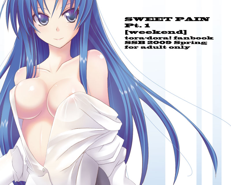 maririn, kawashima ami, toradora!, 00s, 1girl, areola slip, blue hair, breasts, covered erect nipples, female focus, large breasts, long hair, open clothes, open shirt, purple eyes, see-through clothes, shirt, solo, undressing