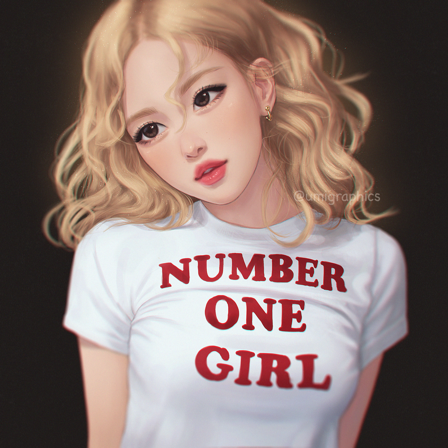 umigraphics, rose (blackpink), blackpink, highres, 1girl, blonde hair, breasts, brown eyes, dark background, earrings, head tilt, jewelry, k-pop, lips, long hair, looking at viewer, looking to the side, medium breasts, print shirt, shirt, simple background, solo, upper body, white shirt
