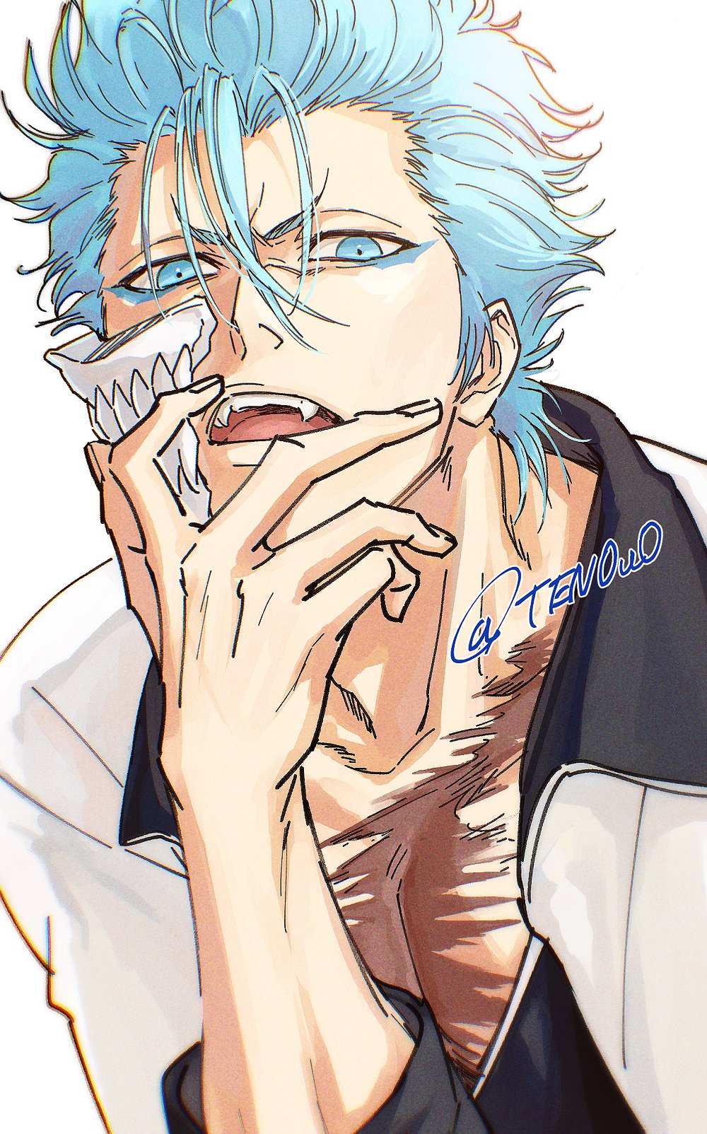 ten0u0, grimmjow jaegerjaquez, bleach, bleach: sennen kessen-hen, highres, 1boy, arrancar, artist name, blue eyes, blue hair, broken mask, facial mark, hair between eyes, jacket, looking at viewer, mask, open mouth, scar, scar on chest, short eyebrows, solo, teeth, upper teeth only, white background