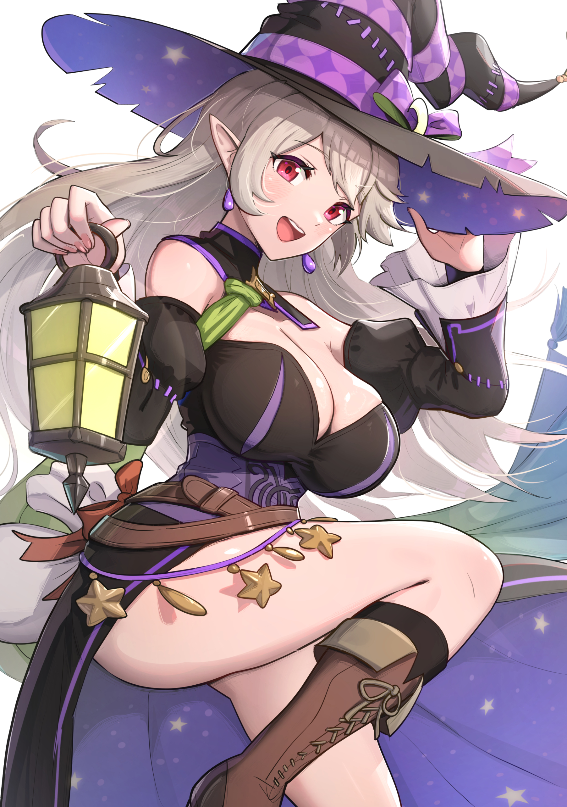 gonzarez, female corrin (fire emblem), female corrin (halloween) (fire emblem), fire emblem, fire emblem fates, fire emblem heroes, nintendo, absurdres, commentary, highres, 1girl, bare legs, blush, breasts, cleavage, collarbone, cowboy shot, dress, earrings, halloween, halloween costume, hat, jewelry, lantern, large breasts, long hair, looking at viewer, off-shoulder dress, off shoulder, official alternate costume, open mouth, pointy ears, red eyes, simple background, smile, solo, teeth, upper teeth only, white background, witch, witch hat