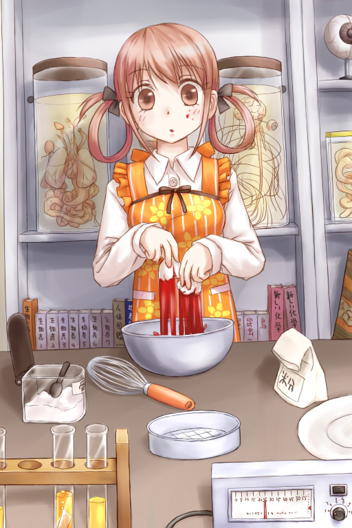 yuyuzuki (yume usagi), original, bad id, bad pixiv id, commentary, 1girl, apron, baking, blood, brown eyes, brown hair, cooking, egg, eyeball, female focus, hair ribbon, hair rings, indoors, jar, organs, ribbon, science, solo, test tube, twintails, whisk