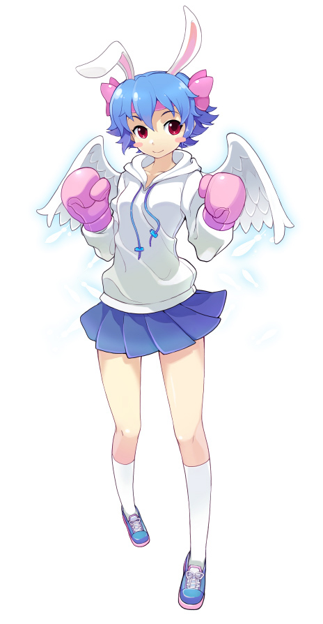 armcho, bunny (trickster), lina (trickster), trickster (ntreev soft), 10s, 1girl, animal ears, blue hair, boxing gloves, female focus, full body, hair ornament, headband, hood, hoodie, kneehighs, miniskirt, pleated skirt, rabbit ears, red eyes, shoes, short hair, simple background, skirt, smile, socks, solo, standing, sweater, wings