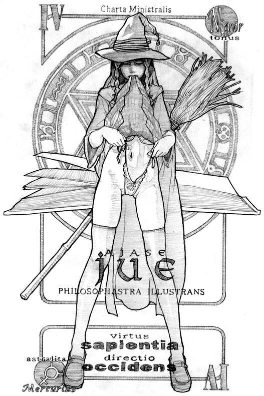ozawa kou, ayase yue, mahou sensei negima!, plaid, 00s, book, broom, card, card (medium), clothes lift, greyscale, hat, legs, long hair, monochrome, mouth hold, navel, orbis sensualium pictus, pactio, panties, school uniform, side-tie panties, skirt, skirt lift, solo, thighhighs, underwear, witch hat