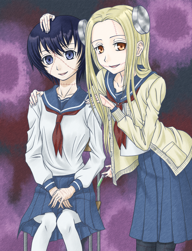 sukua, tk28, madaraki fran, madaraki veronica, franken fran, 2girls, black hair, blonde hair, bolt (hardware), electrodes, extra arms, long hair, multi limb, multiple girls, pantyhose, purple eyes, red eyes, scar, school uniform, siblings, sisters, stitches, syringe, white pantyhose