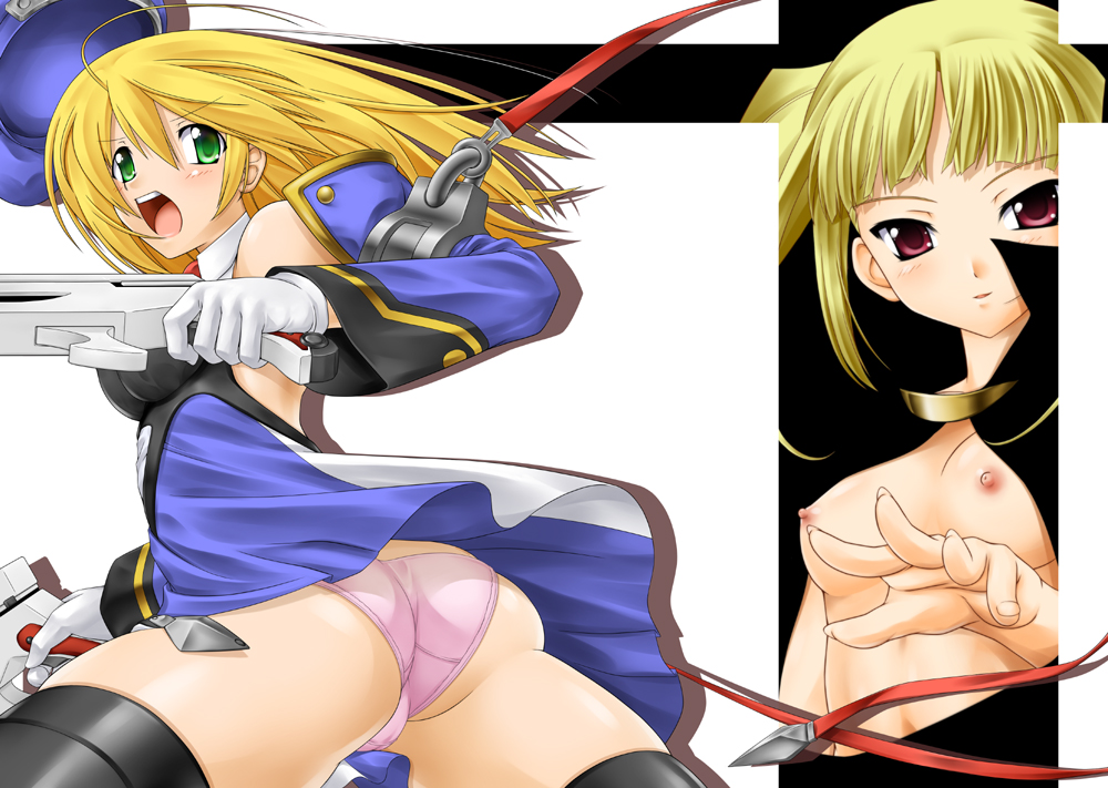 benimaru, kurenai maru, noel vermillion, rachel alucard, arc system works, blazblue, bad id, bad pixiv id, 2girls, ass, black thighhighs, blonde hair, breasts, green eyes, gun, handgun, hat, long hair, medium breasts, multiple girls, no bra, open clothes, open mouth, open shirt, panties, pink panties, purple eyes, red eyes, shirt, skirt, small breasts, thighhighs, twintails, underwear, weapon