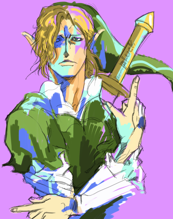 kazaana, kakyoin noriaki, link, jojo no kimyou na bouken, nintendo, the legend of zelda, 1boy, blonde hair, jojo pose, kakyoin noriaki's pose, male focus, parody, pointy ears, solo, sword, weapon