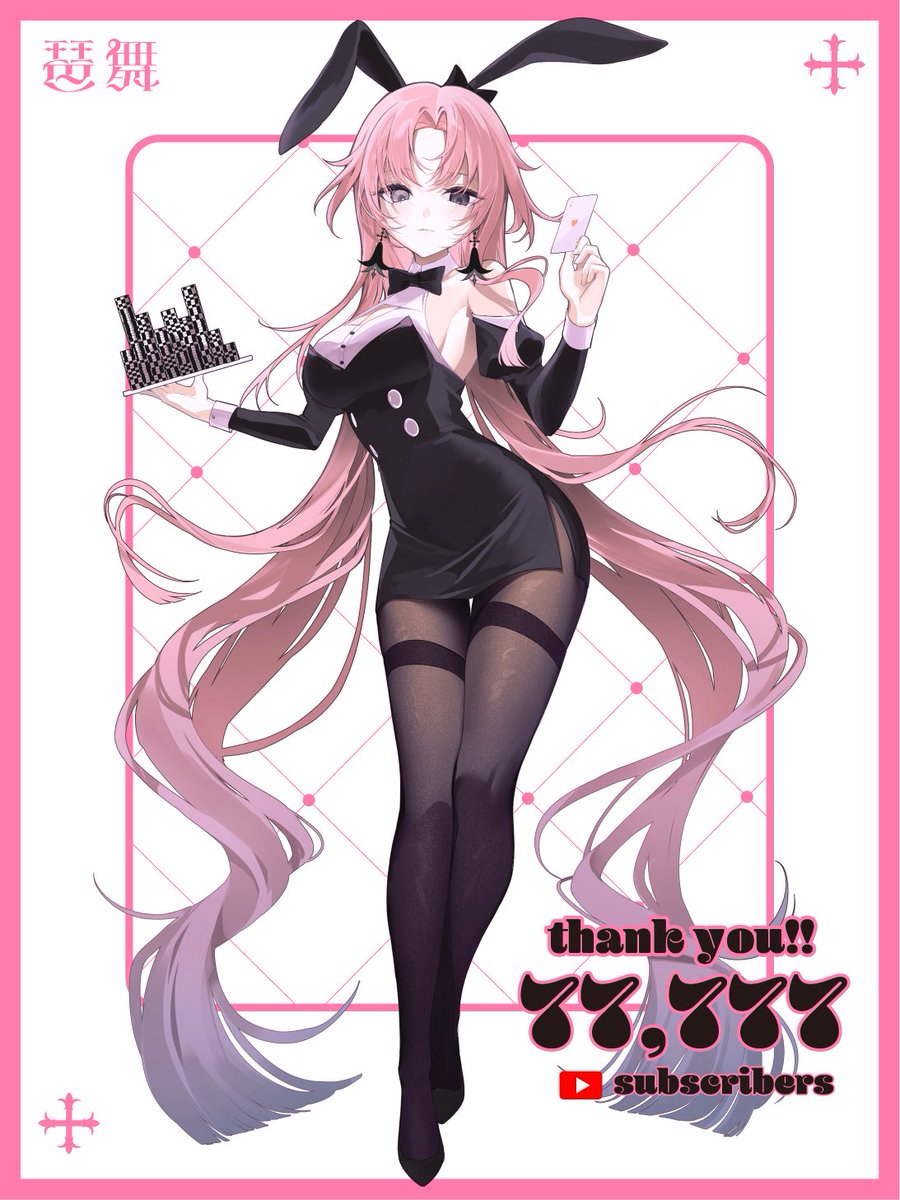 ggatip, kamitsubaki studio, sinsekai record, highres, third-party source, 1girl, alternate costume, animal ears, bema (sinsekai), black eyes, black pantyhose, blue hair, breasts, buttons, card, cleavage cutout, clothing cutout, diamond (shape), earrings, fake animal ears, flower earrings, grey eyes, grey nails, heart, heterochromia, high heels, holding, holding card, jewelry, large breasts, light smile, long hair, looking at viewer, milestone celebration, multicolored hair, pantyhose, parted bangs, pink hair, playboy bunny, poker chip, rabbit ears, serious, sideboob, sidelocks, thank you, very long hair, wrist cuffs