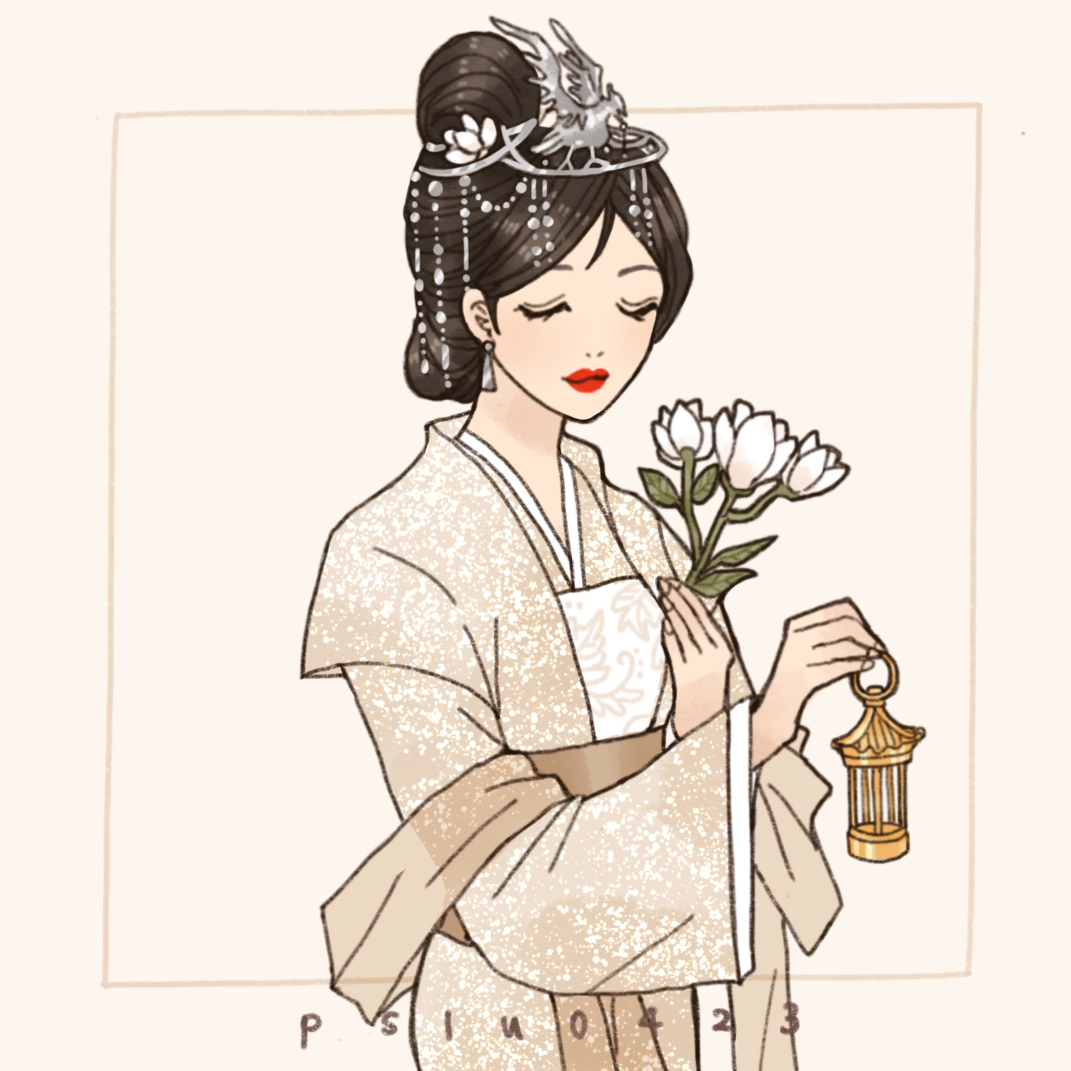 peilu (pslu0423), fa mulan (disney), mulan (movie), highres, 1girl, animification, black hair, closed eyes, closed mouth, dress, jewelry, long sleeves, makeup, princess, red lips, simple background, sleeveless, sleeveless dress, smile, solo, tiara, white dress