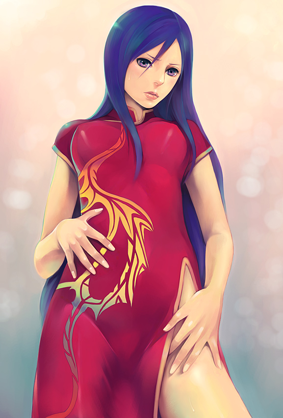 itori (clarice note), faris scherwiz, final fantasy, final fantasy v, bad id, bad pixiv id, 1990s (style), 1girl, blue hair, breasts, china dress, chinese clothes, dress, female focus, lips, long hair, monk, purple eyes, red dress, retro artstyle, side slit, solo, sweat