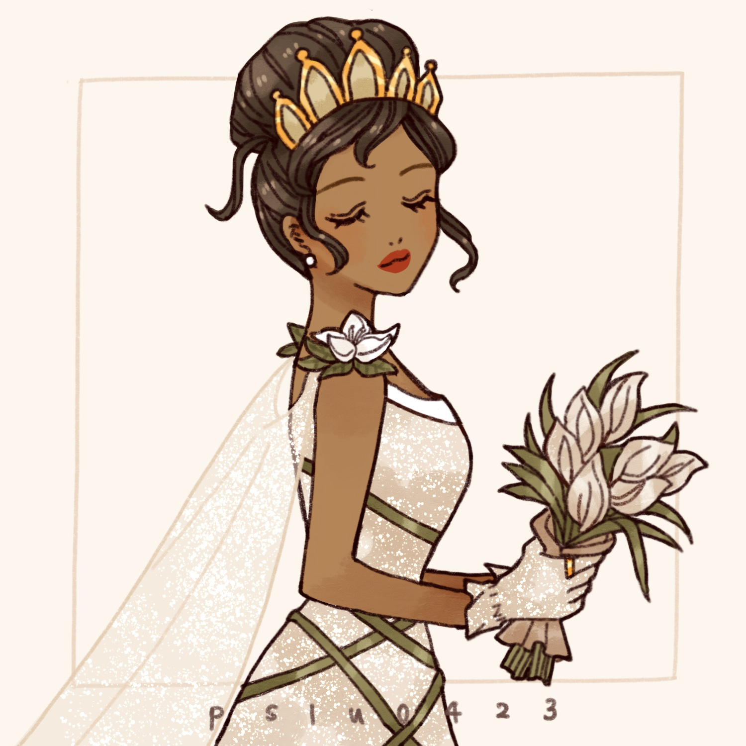 peilu (pslu0423), tiana (the princess and the frog), the princess and the frog (disney), highres, 1girl, animification, blonde hair, closed eyes, closed mouth, dress, jewelry, long sleeves, makeup, princess, red lips, simple background, sleeveless, sleeveless dress, smile, solo, tiara, white dress