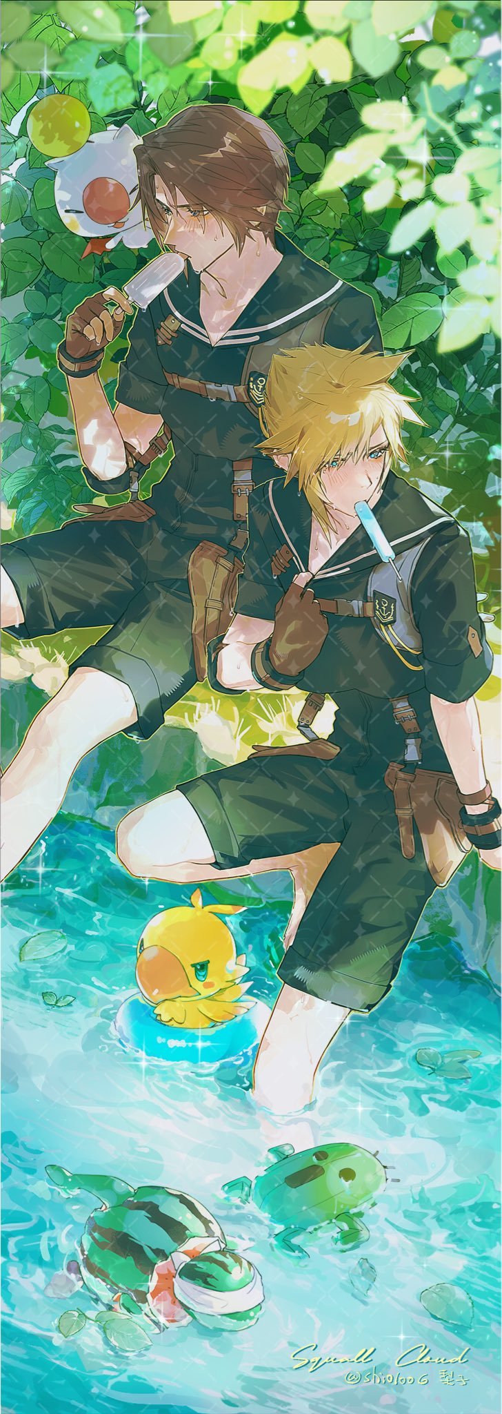 lily (shio1006), chocobo, cloud strife, cloud strife (maritime sailor), moogle, sabotender, squall leonhart, tonberry, final fantasy, final fantasy vii, final fantasy vii ever crisis, final fantasy viii, highres, translation request, 2boys, alternate costume, barefoot, bird, black pants, black sailor collar, blindfold, blonde hair, blue eyes, blush stickers, brown gloves, brown hair, character name, chest strap, chibi, clothes pull, cloud strife (cosplay), cosplay, creature, day, eating, elbow pads, fingerless gloves, flying, foliage, food, fruit, full body, furrowed brow, gloves, grass, half-closed eyes, hand up, holding, holding food, holding popsicle, hot, innertube, leaf, leg up, light blush, looking to the side, male focus, multiple boys, official alternate costume, outdoors, pants, popsicle, river, riverbank, sailor collar, short hair, short sleeves, single elbow pad, sparkle, spiked hair, summer, sunlight, suspenders, sweat, swim ring, swimming, tongue, tongue out, twitter username, wading, water, watermark, watermark grid, watermelon, watermelon tonberry, yellow bird