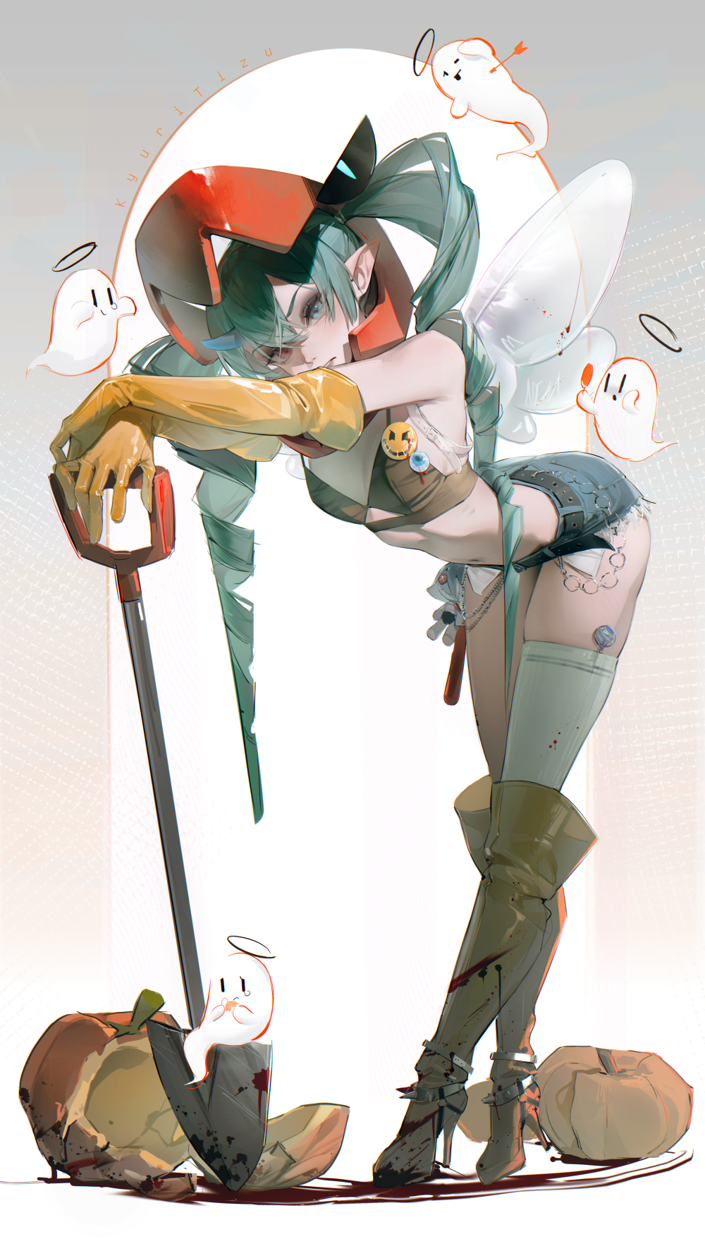 kyuri tizu, original, highres, 1girl, aqua hair, belt, bent over, black belt, blue eyes, boots, breasts, cutoffs, drill hair, ghost, gloves, heterochromia, high heel boots, high heels, long hair, looking at viewer, pointy ears, pumpkin, red eyes, shorts, shovel, single thighhigh, small breasts, solo, thighhighs, twin drills, yellow gloves