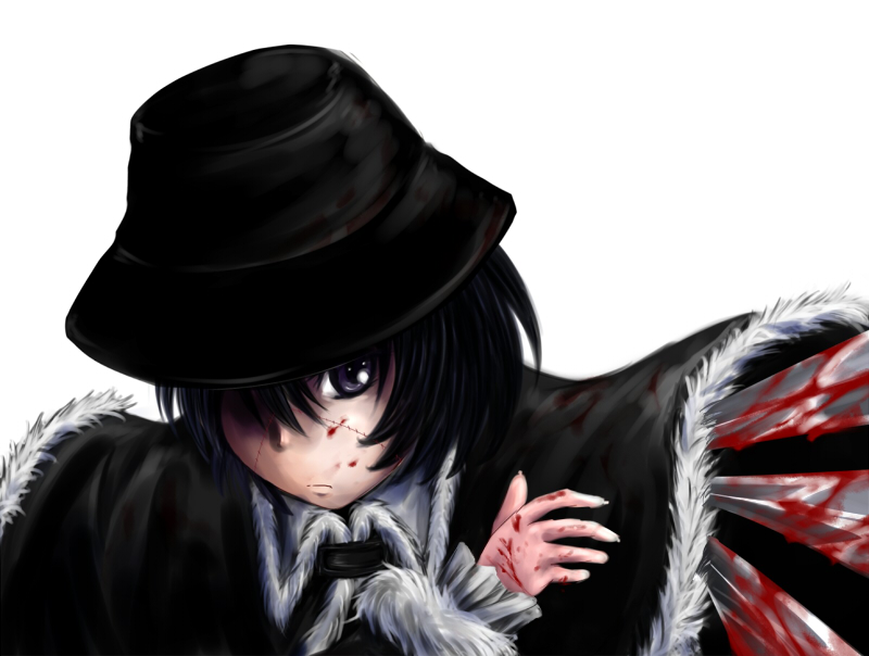 ohk, ouhaku, madaraki veronica, franken fran, md5 mismatch, resolution mismatch, source larger, 1girl, black hair, blood, cloak, female focus, hat, purple eyes, scar, solo, stitches
