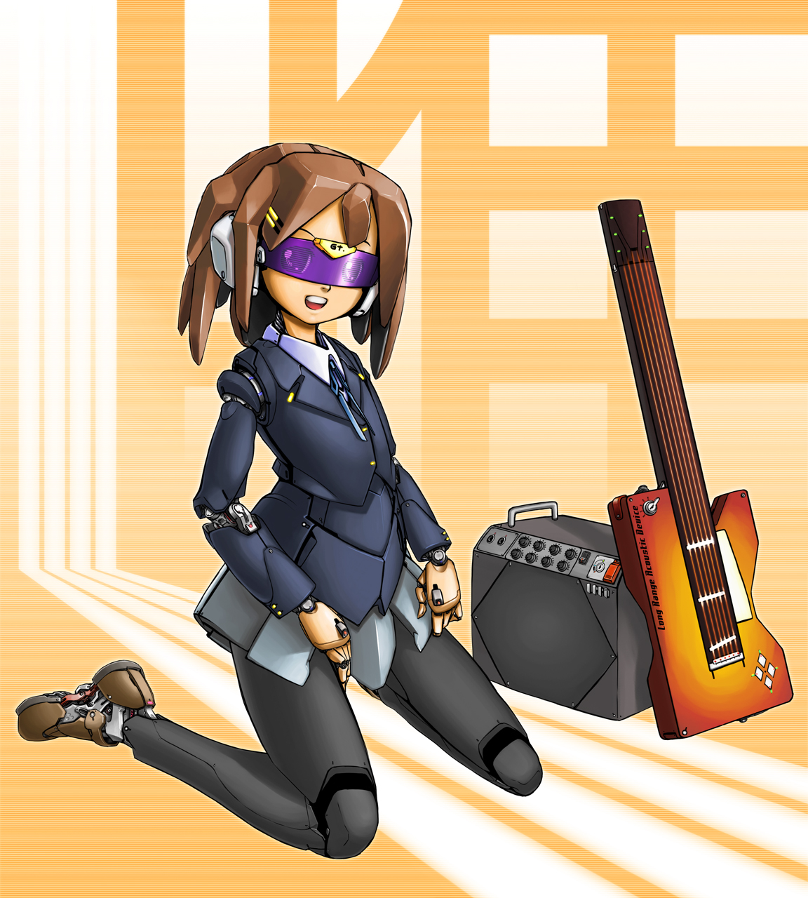 seena (algadot), hirasawa yui, k-on!, visor, highres, 00s, 1girl, amplifier, android, brown eyes, brown hair, female focus, guitar, head-mounted display, instrument, joints, mechanization, pantyhose, robot joints, school uniform, short hair, skirt, smile, solo