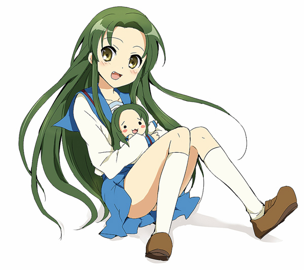 maruki (punchiki), churuya, tsuruya, suzumiya haruhi no yuuutsu, bad id, bad pixiv id, 00s, blush, fang, green hair, long hair, school uniform, serafuku, very long hair, yellow eyes