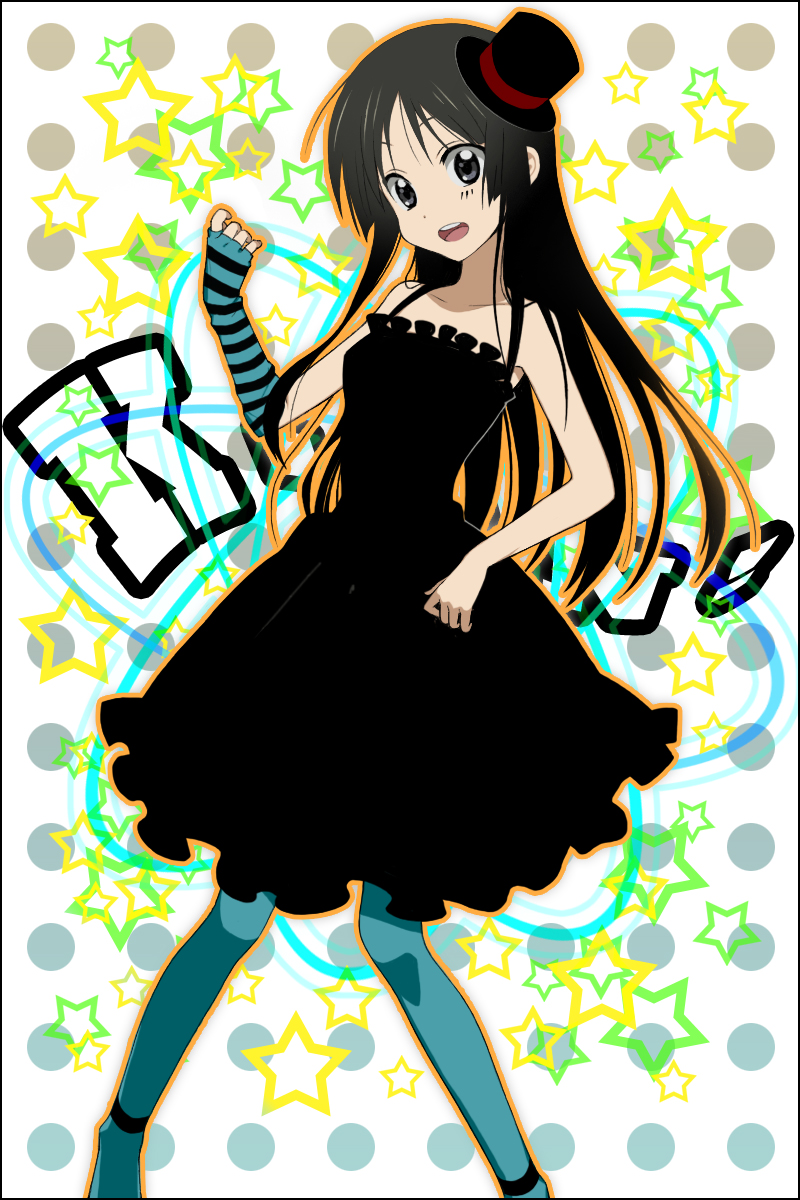 chimachi, akiyama mio, don't say "lazy", k-on!, striped, bad id, bad pixiv id, highres, 00s, 1girl, black eyes, black hair, blue pantyhose, blunt bangs, dress, facepaint, female focus, fingerless gloves, gloves, hat, hime cut, long hair, mini hat, mini top hat, pantyhose, solo, top hat