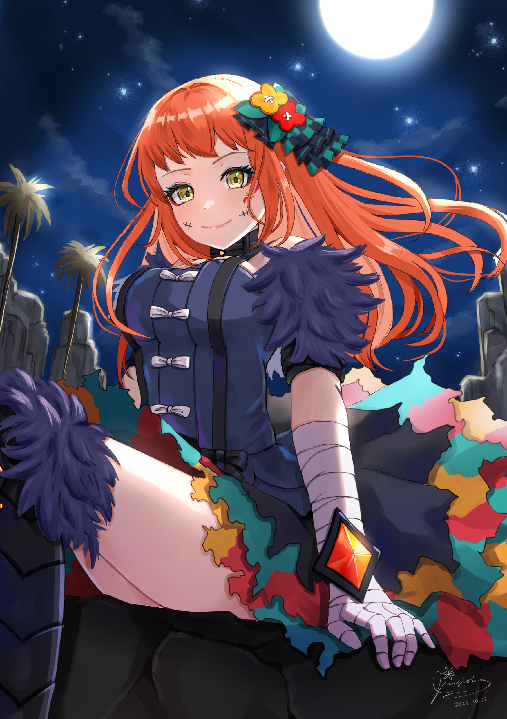 mugitoro (dsfv2277), panette (fire emblem), fire emblem, fire emblem engage, nintendo, absurdres, highres, 1girl, aqua eyeshadow, bandaged hand, bandages, black choker, black dress, choker, dress, eyeliner, eyeshadow, facial mark, fur sleeves, long hair, looking at viewer, makeup, orange hair, red eyeliner, short bangs, smile, stitched mouth, stitches, yellow eyes