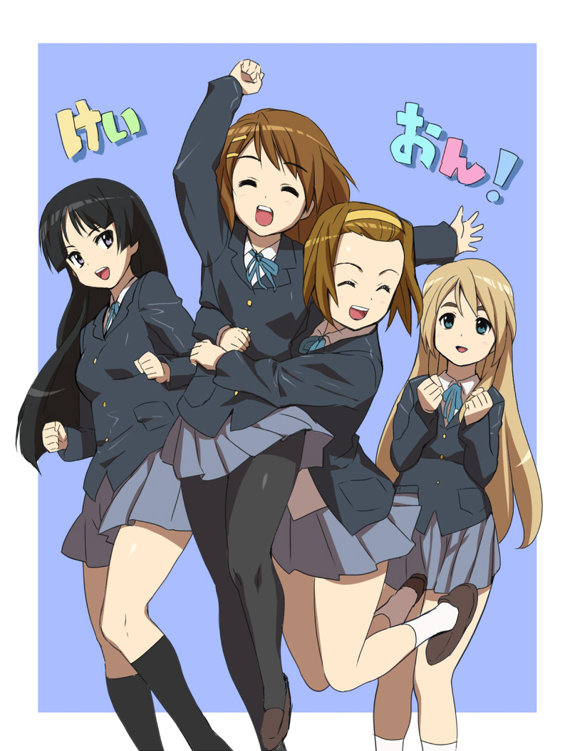 g-tetsu, akiyama mio, hirasawa yui, kotobuki tsumugi, tainaka ritsu, k-on!, 00s, 4girls, black hair, blazer, blonde hair, blue eyes, brown hair, closed eyes, hair ornament, hairband, hairclip, ho-kago tea time, hug, jacket, kneehighs, laughing, loafers, long hair, miniskirt, multiple girls, pantyhose, pleated skirt, purple eyes, round teeth, school uniform, shoes, short hair, skirt, smile, socks, teeth