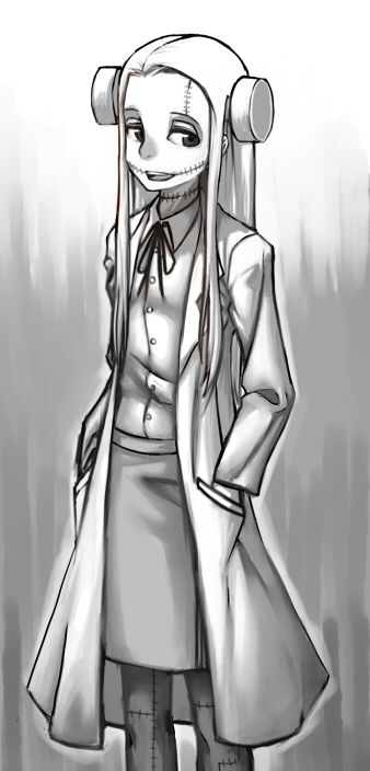 uchuu ika, madaraki fran, franken fran, 1girl, bolt (hardware), electrodes, female focus, greyscale, lab coat, long hair, monochrome, pantyhose, pencil skirt, scar, skirt, solo, stitches