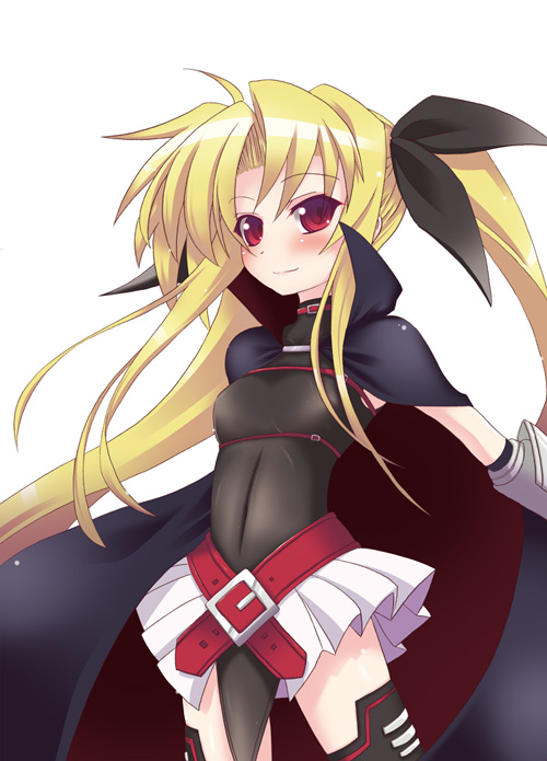 maririn, fate testarossa, fate testarossa (lightning form), lyrical nanoha, mahou shoujo lyrical nanoha, 00s, belt, blonde hair, cape, gauntlets, hair ribbon, long hair, red eyes, ribbon, solo, thighhighs, twintails, very long hair, zettai ryouiki