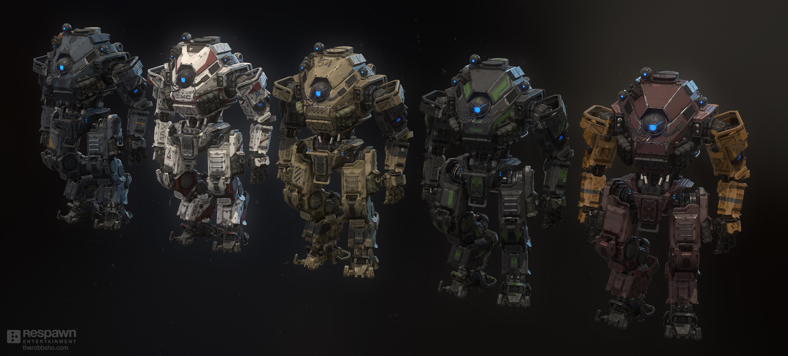 ion (titanfall 2), titanfall (series), titanfall 2, concept art, highres, official art, 3d, alternate color, ammunition pouch, machinery, mecha, no humans, one-eyed, pouch, respawn entertainment, reverse-jointed legs, robot, science fiction, therobbsho, thrusters, titan (titanfall)