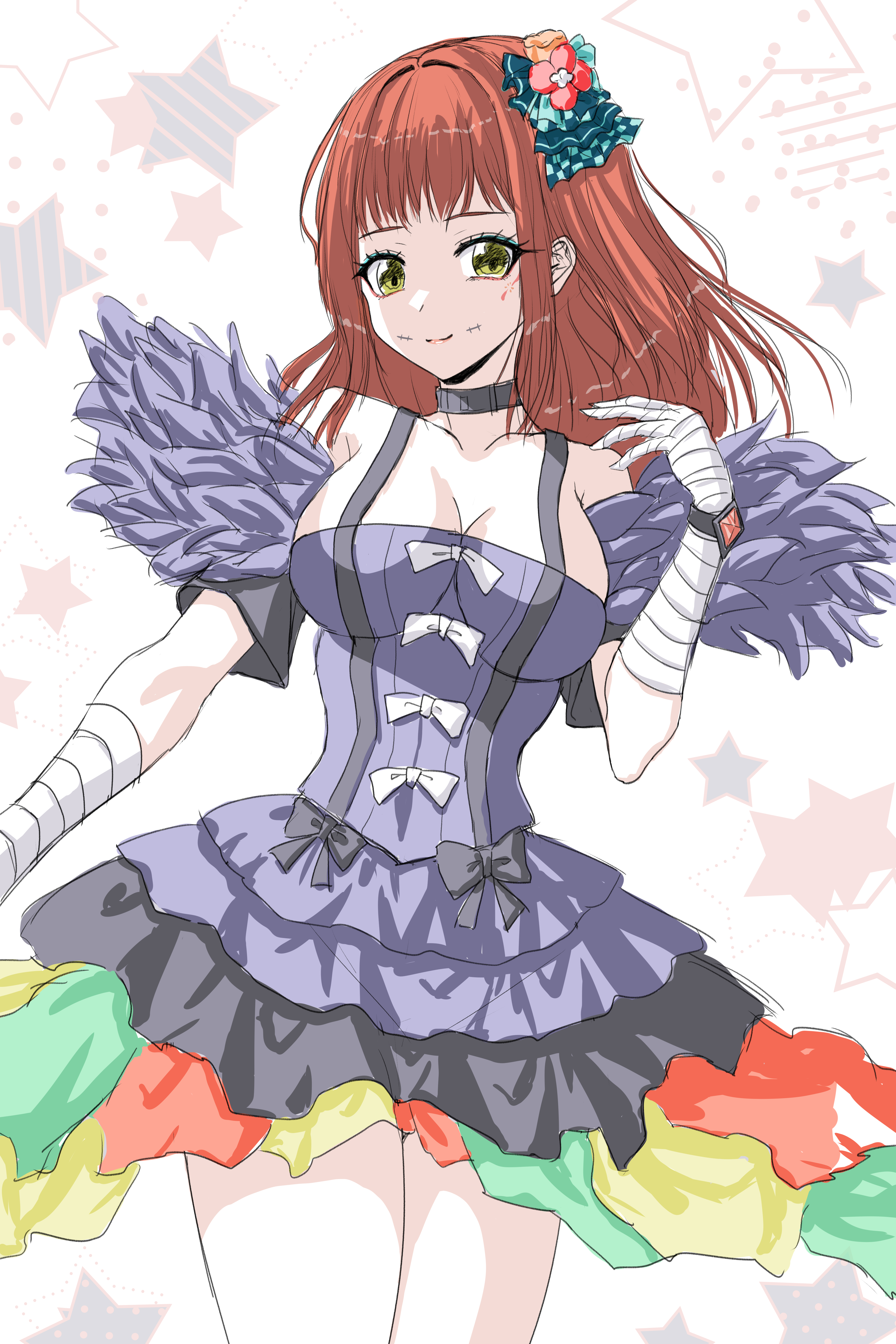 panette (fire emblem), fire emblem, fire emblem engage, nintendo, absurdres, highres, 1girl, aqua eyeshadow, bandaged hand, bandages, black choker, black dress, choker, dimple facial mark, dress, eyeliner, eyeshadow, facial mark, fur sleeves, hair ornament, long hair, looking at viewer, makeup, orange hair, red eyeliner, short bangs, smile, solo, stitched mouth, stitches, wade (njud8343), yellow eyes