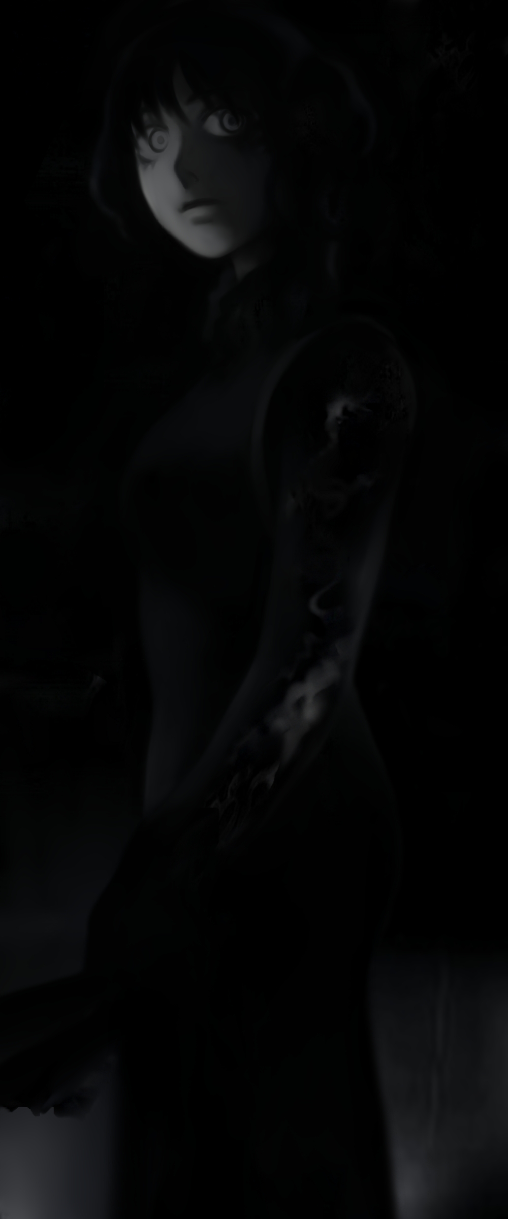 futon (kitsune tsuki), kitsune tsuki, hong meiling, touhou, absurdres, highres, 1girl, creepy, dark, female focus, greyscale, horror (theme), monochrome, solo, staring