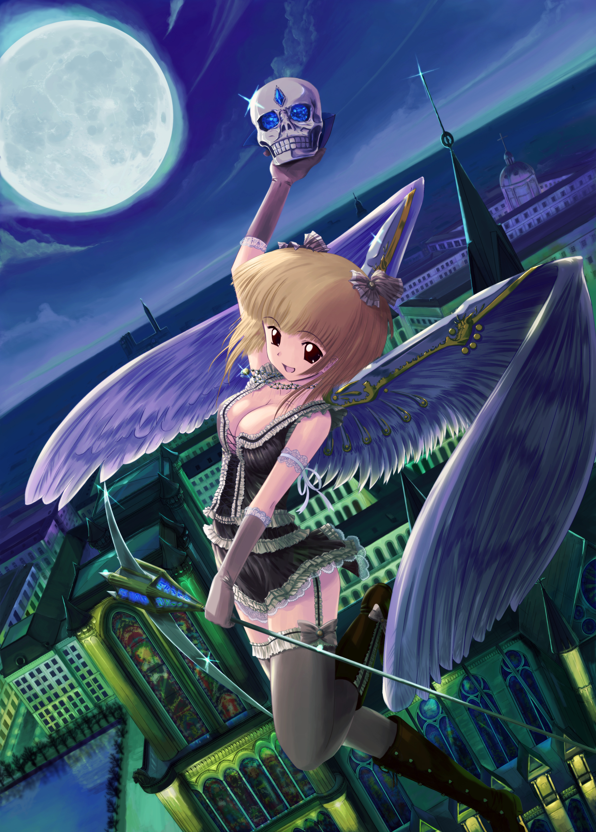 souma nouma, original, absurdres, bad id, bad pixiv id, highres, armband, blonde hair, boots, bow, breasts, brown eyes, cityscape, cleavage, elbow gloves, frills, full moon, garter belt, garter straps, gloves, hair bow, hair ornament, jewelry, knee boots, large breasts, miniskirt, moon, necklace, night, night sky, red eyes, scythe, short hair, skirt, skull, sky, smile, solo, staff, thighhighs, weapon, wings, zettai ryouiki