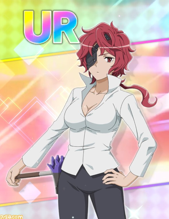 hephaistos (danmachi), dungeon ni deai wo motomeru no wa machigatteiru darou ka, official art, source request, 1girl, breasts, cleavage, eyepatch, pants, red hair