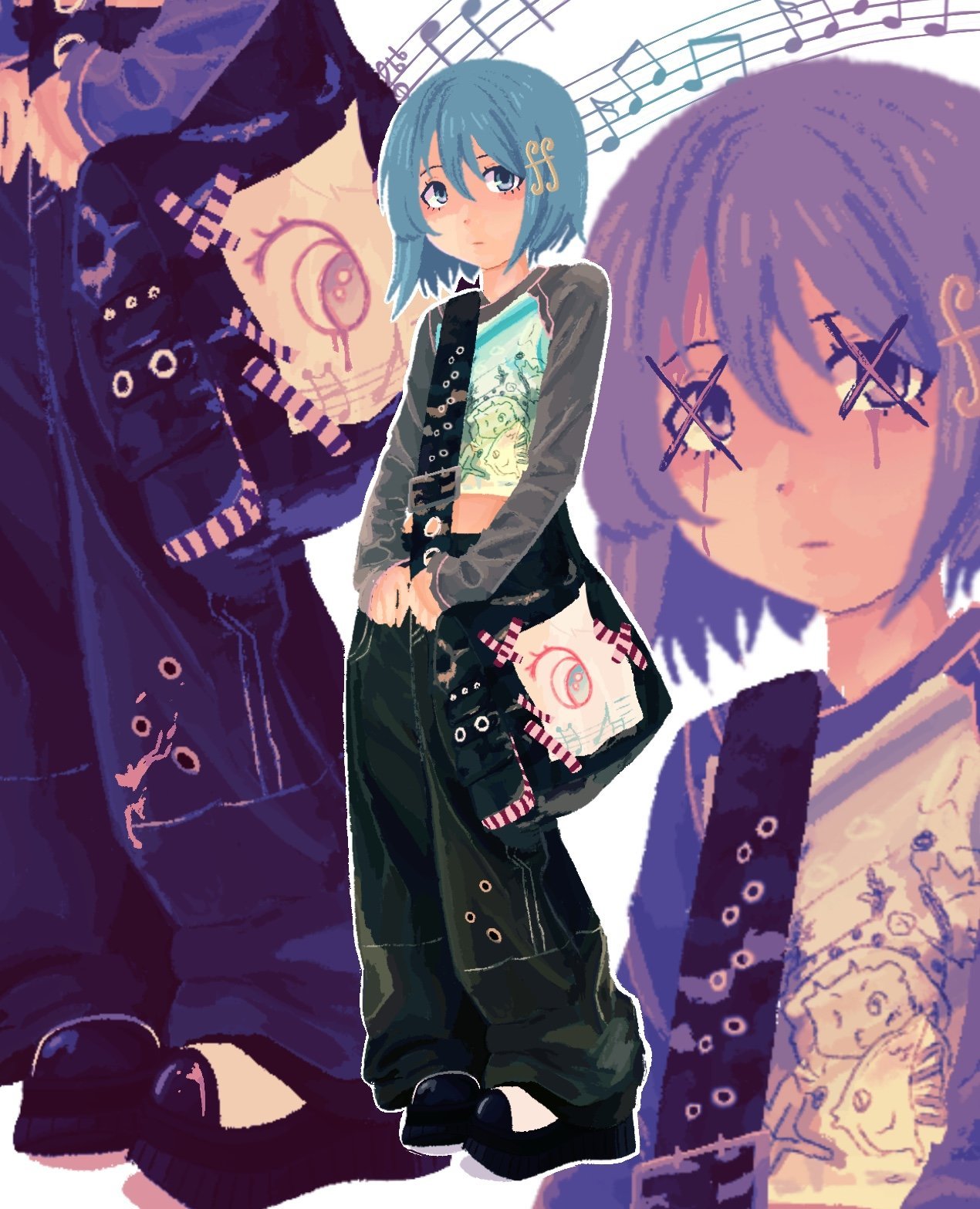 sxnshinebitch, miki sayaka, 1girl, bag, baggy pants, fortissimo, handbag, musical staff, pants, sheet music