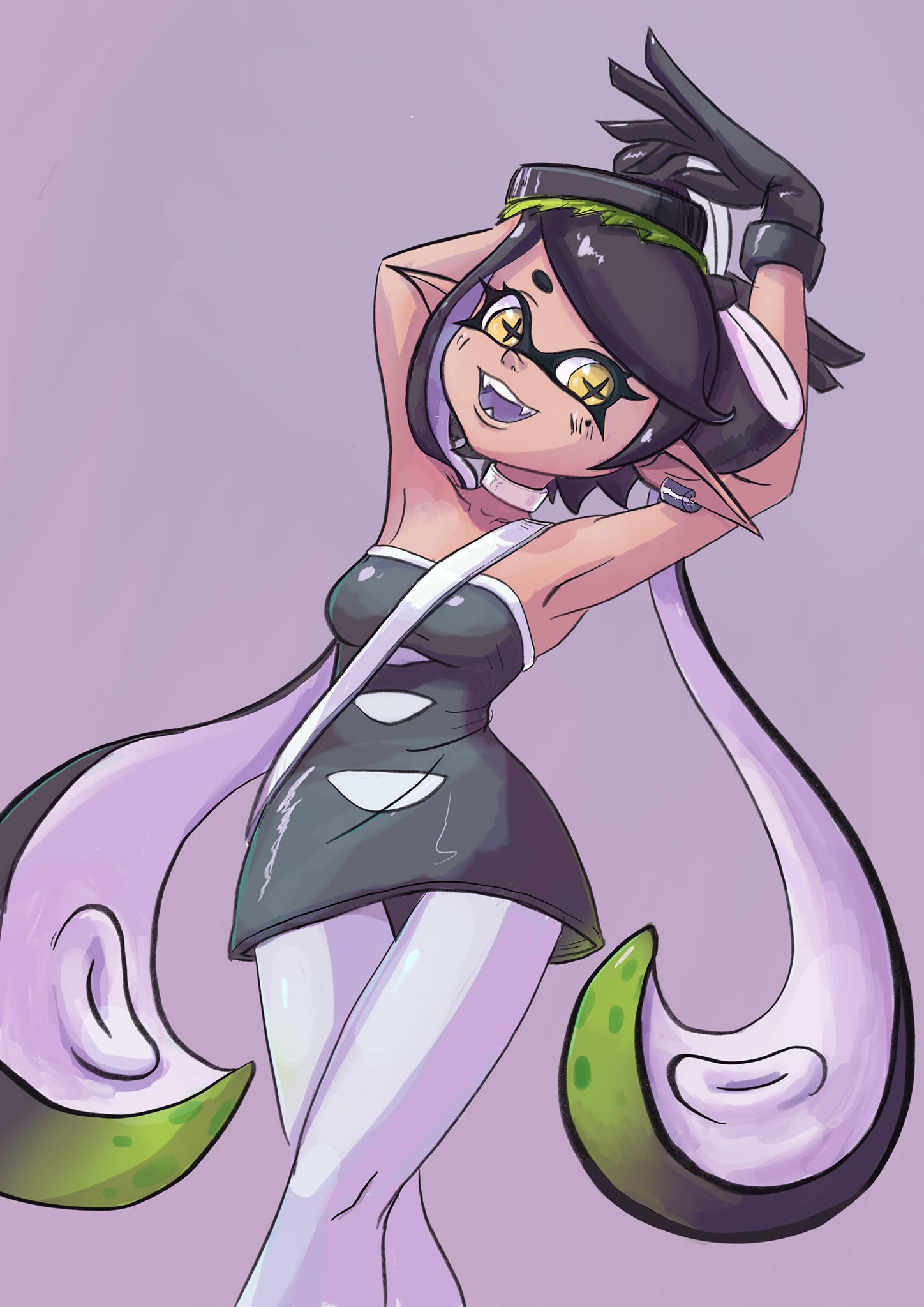 callie (alterna) (splatoon), callie (splatoon), nintendo, splatoon (series), splatoon 3, + +, 1girl, armpits, bare shoulders, black hair, breasts, dress, earrings, erichill1232, fangs, gloves, jewelry, looking to the side, pointy ears, sleeveless, tentacle hair, twintails, yellow eyes