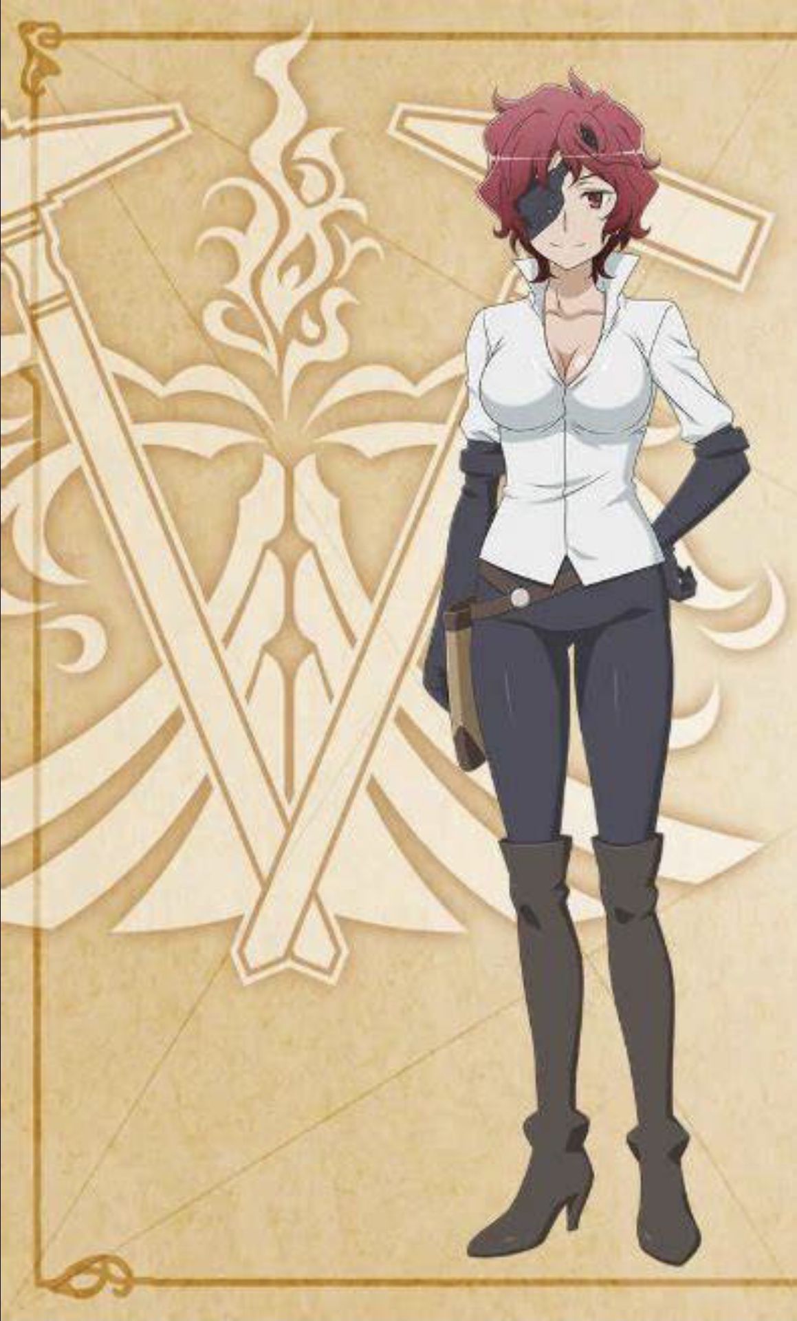 hephaistos (danmachi), dungeon ni deai wo motomeru no wa machigatteiru darou ka, official art, source request, 1girl, breasts, cleavage, eyepatch, pants, red hair