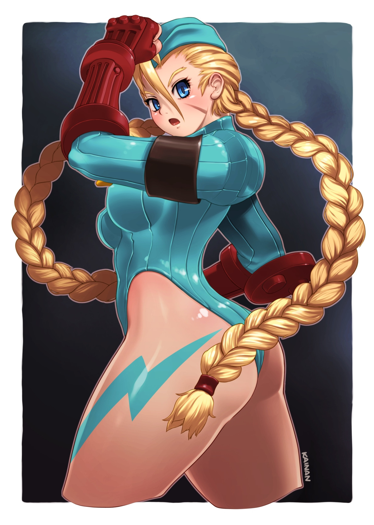 kainanp, cammy white, street fighter, street fighter zero (series), highres, 1girl, :o, ass, blonde hair, blue eyes, breasts, fingerless gloves, from behind, gloves, leotard, long hair, long sleeves, medium breasts, scar, scar on face, thong leotard, very long hair