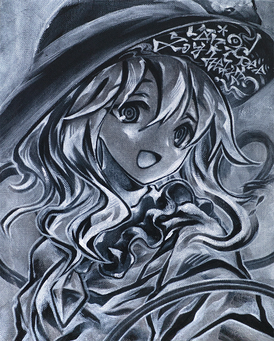 ikeda ruriko, komeiji koishi, touhou, traditional media, 1girl, bowler hat, cropped torso, frilled shirt collar, frills, greyscale, hat, looking at viewer, medium hair, monochrome, open mouth, solo, white background